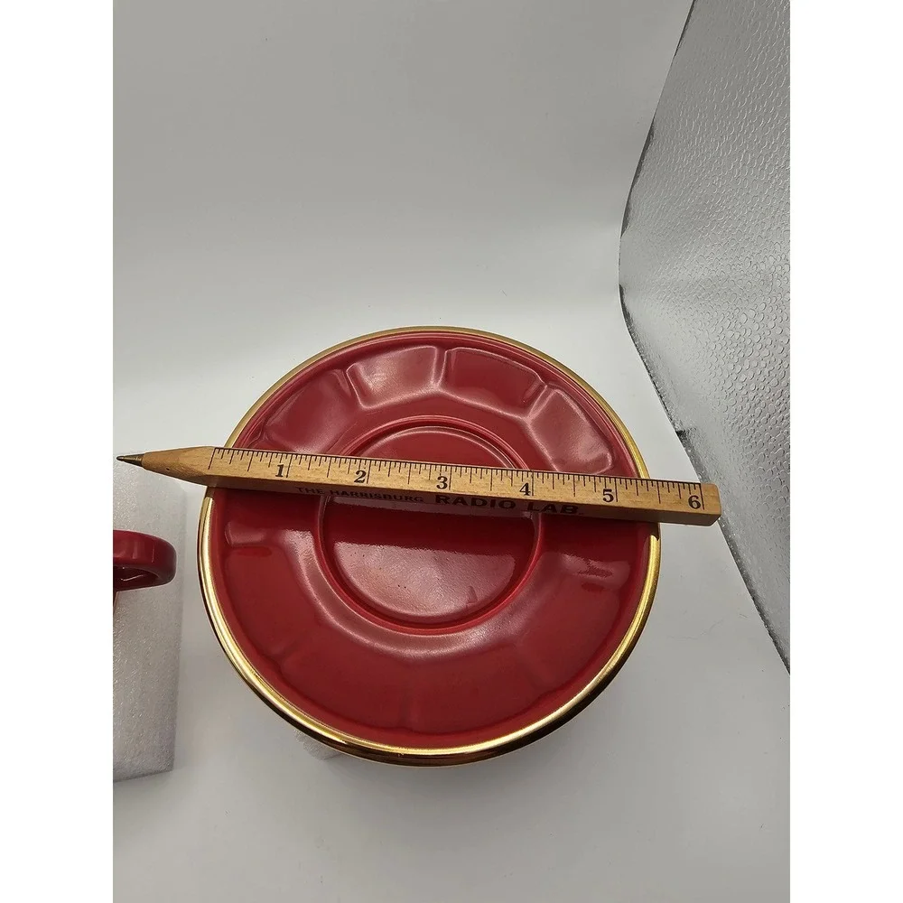 Apilco France Red Porcelain Tea Cup and Saucer Set Gold Gilt Trim Bistro Ware